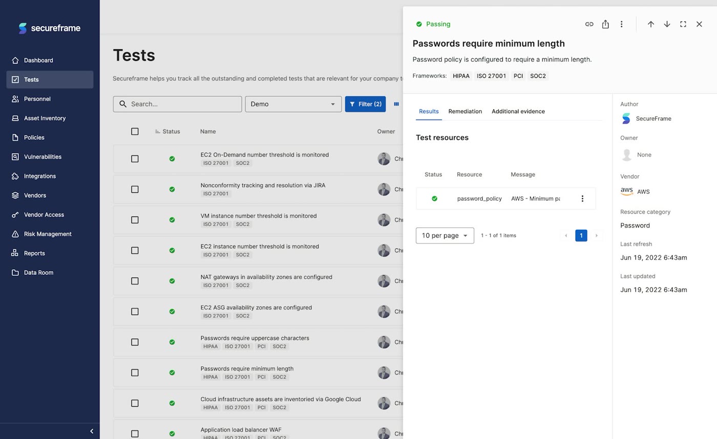 Secureframe automated tests list with a detail panel for a password policy control