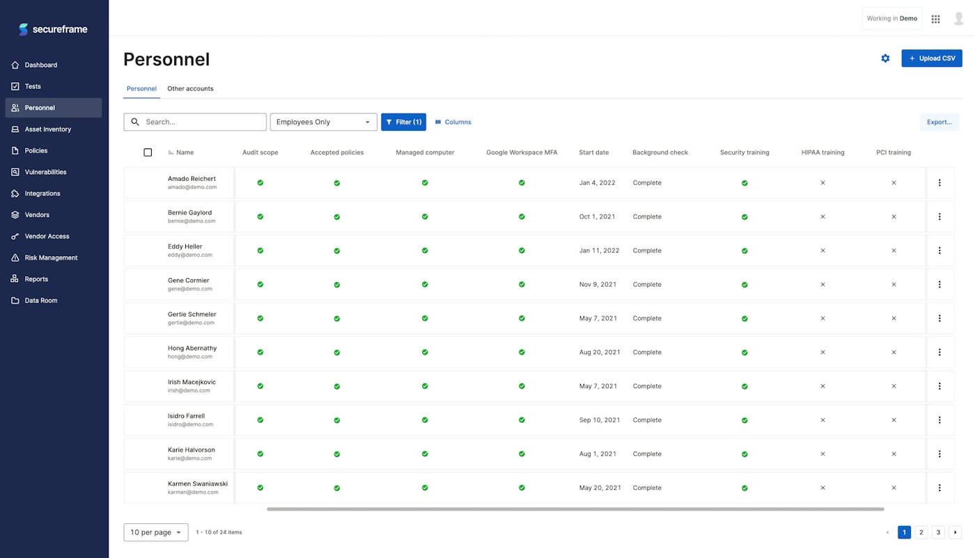 Secureframe personnel table tracking employee onboarding, background checks and security training