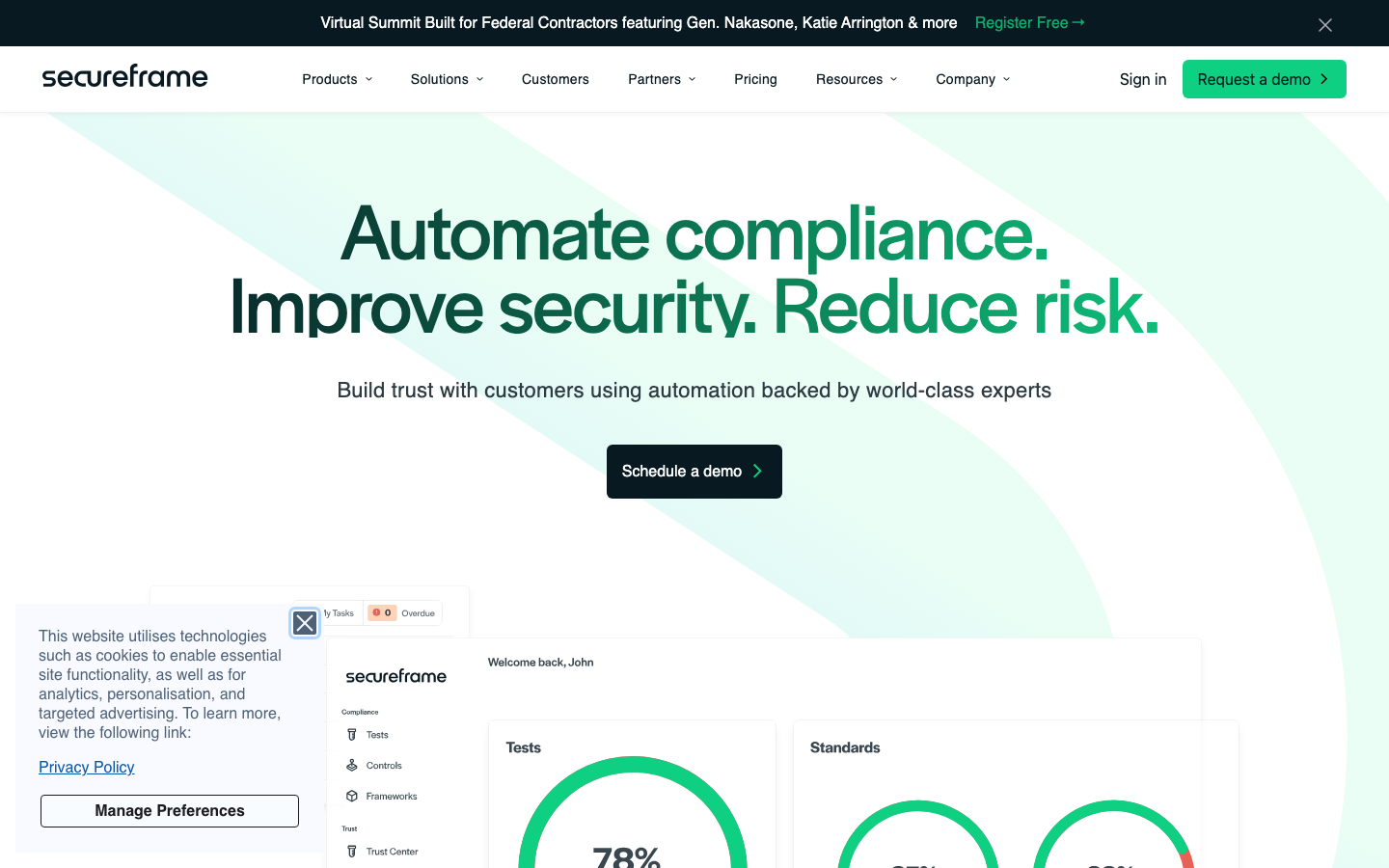 Secureframe compliance platform homepage showing automation dashboard and security compliance overview