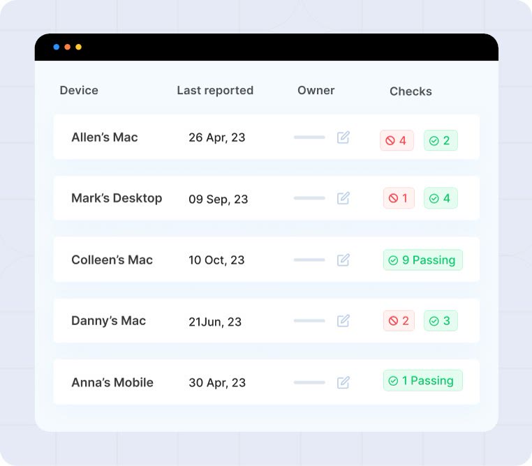 Sprinto device checks table showing per-device compliance results by owner
