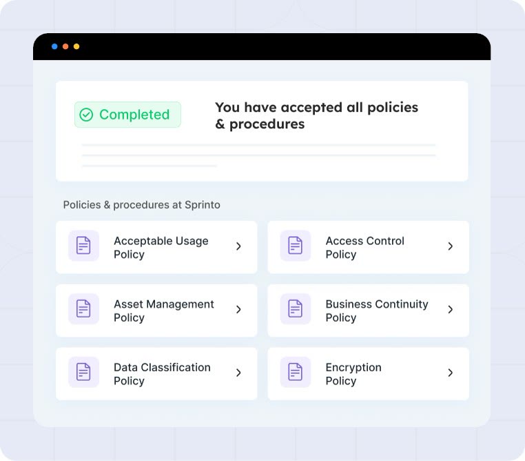 Sprinto policies screen confirming acceptance of company policies and procedures