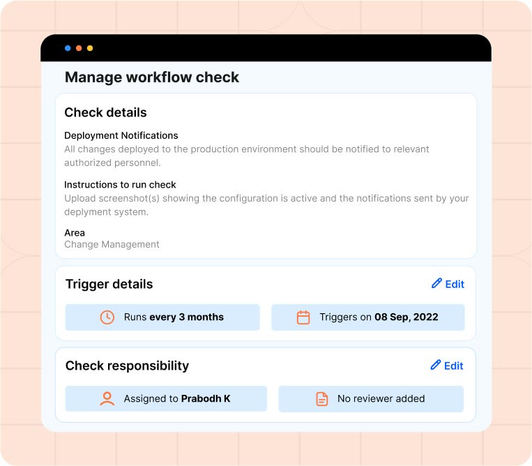 Sprinto workflow check configuration with trigger schedule and reviewer assignment