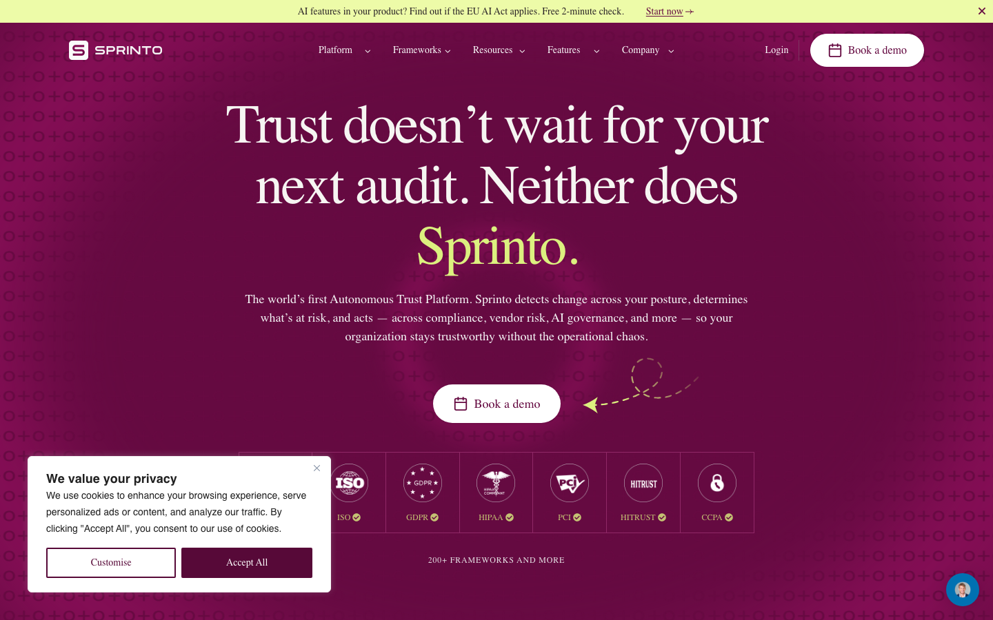 Sprinto compliance automation platform homepage with SOC 2 readiness and framework automation messaging
