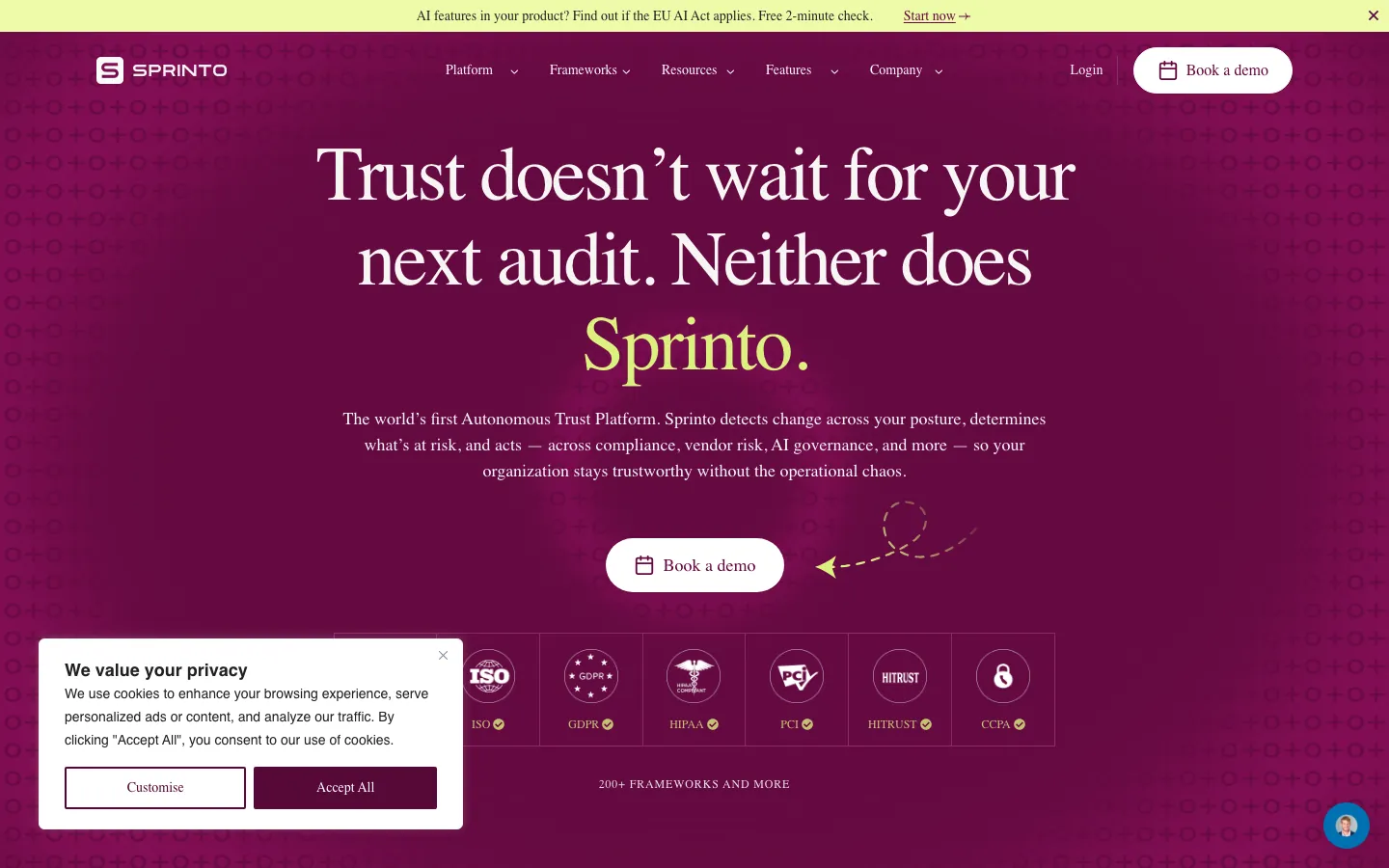 Sprinto compliance automation platform homepage with SOC 2 readiness and framework automation messaging