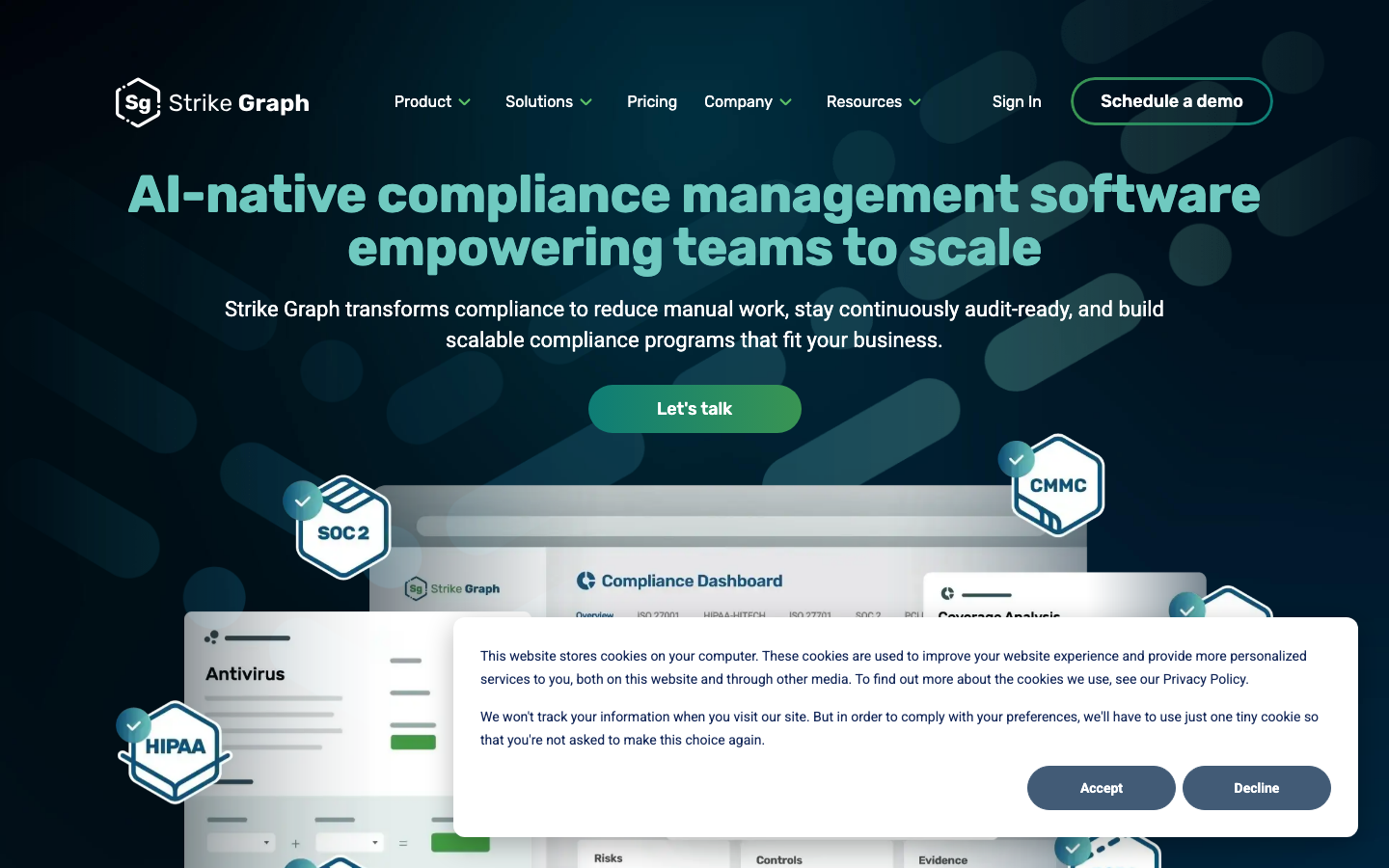 Strike Graph compliance management platform homepage showing AI-native compliance dashboard and SOC 2 framework
