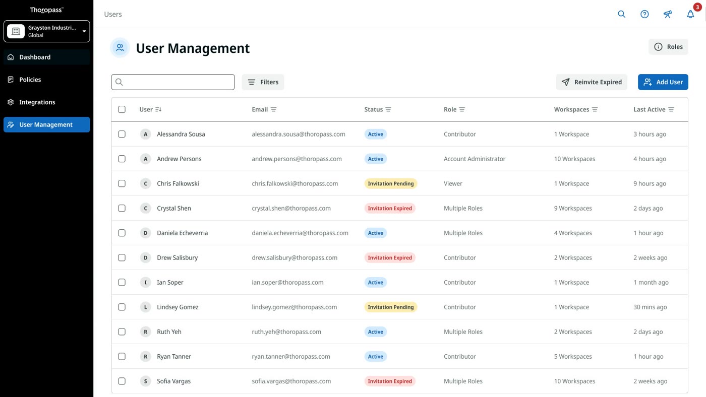 Thoropass user management table with member roles, status and last active time