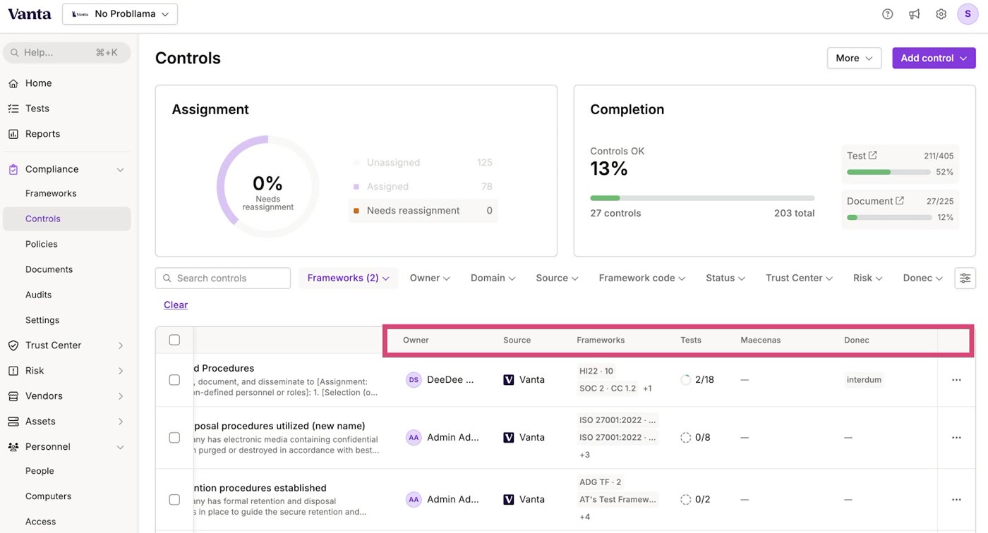 Vanta Controls dashboard showing control assignment status and completion percentage above a controls table