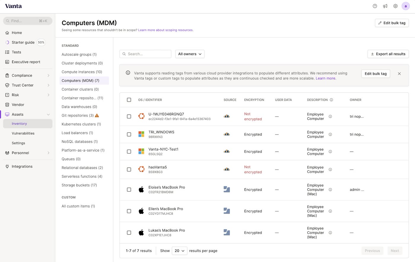 Vanta Computers MDM inventory listing employee devices with encryption status and owners