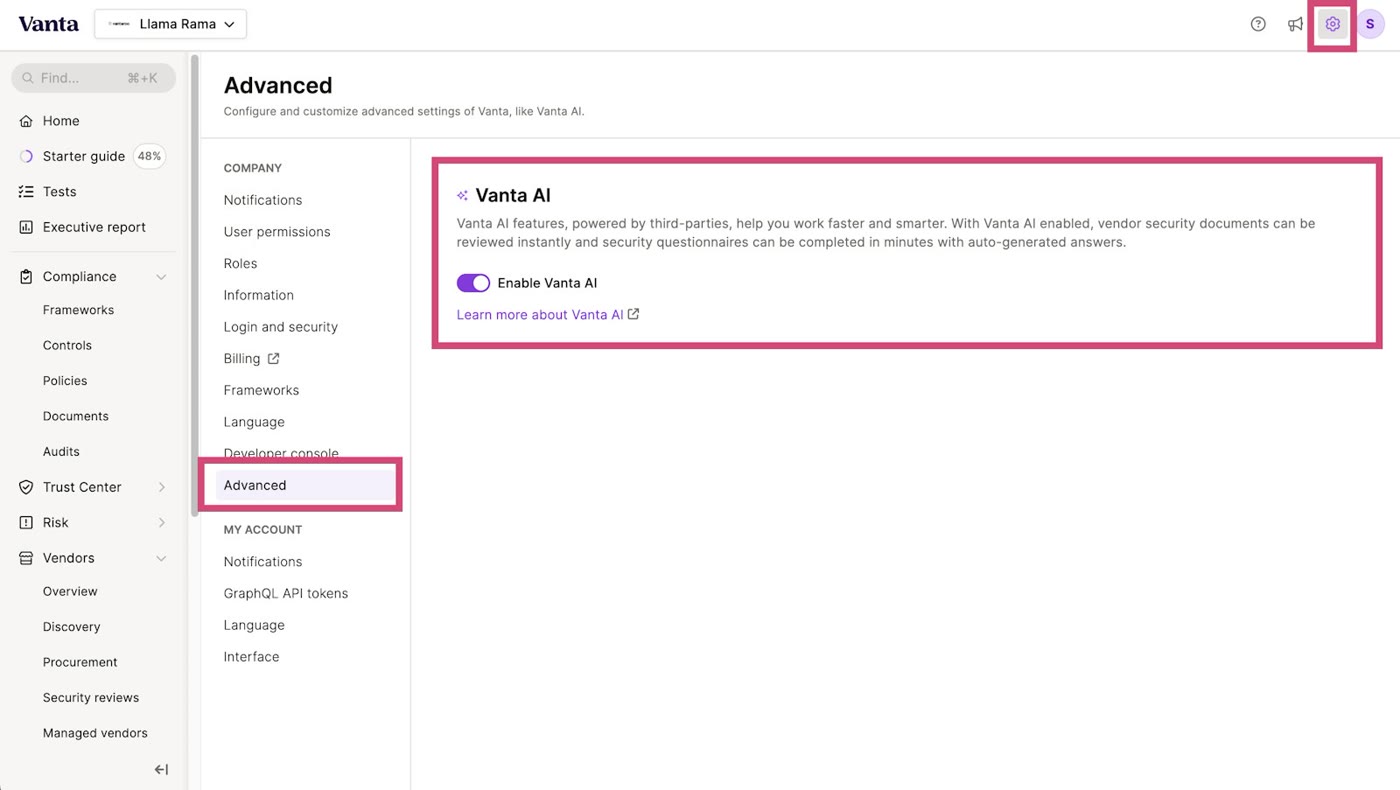 Vanta advanced settings screen with the Vanta AI feature toggle