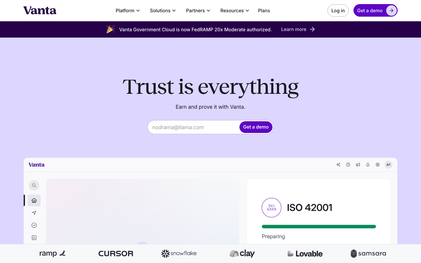 Vanta compliance platform homepage showing trust automation dashboard and framework progress