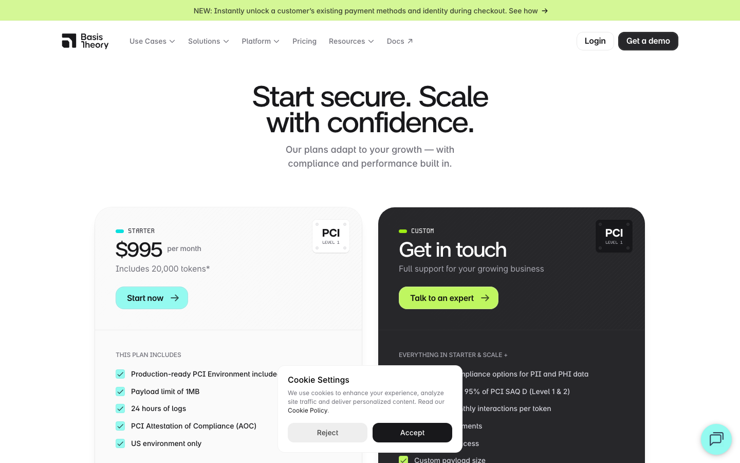 Basis Theory pricing page showing Starter plan at $995/mo for 20K tokens and enterprise options
