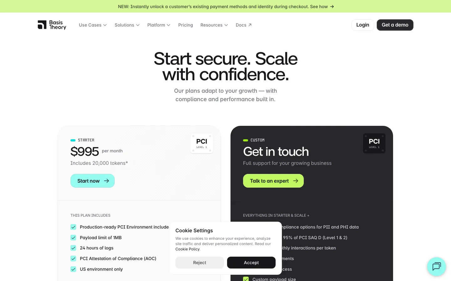 Basis Theory pricing page showing Starter plan at $995/mo for 20K tokens and enterprise options
