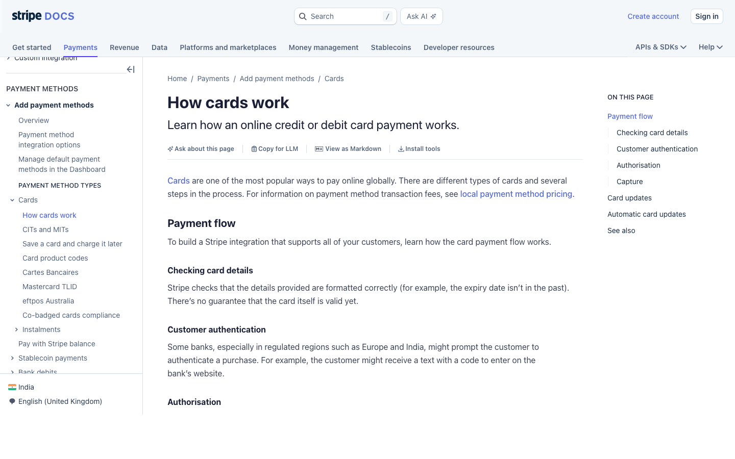 Stripe cards documentation showing Stripe.js hosted fields for PAN collection and SAQ A scope reduction