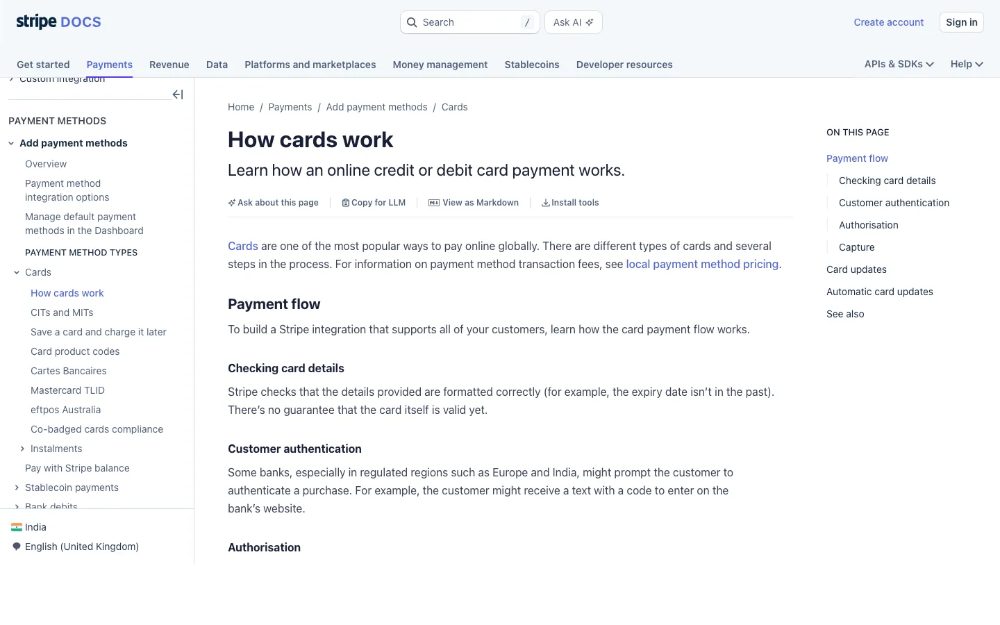 Stripe cards documentation showing Stripe.js hosted fields for PAN collection and SAQ A scope reduction