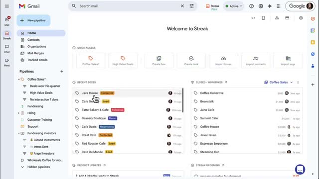Streak CRM home screen inside Gmail showing pipeline list and recent deal boxes with stage tags