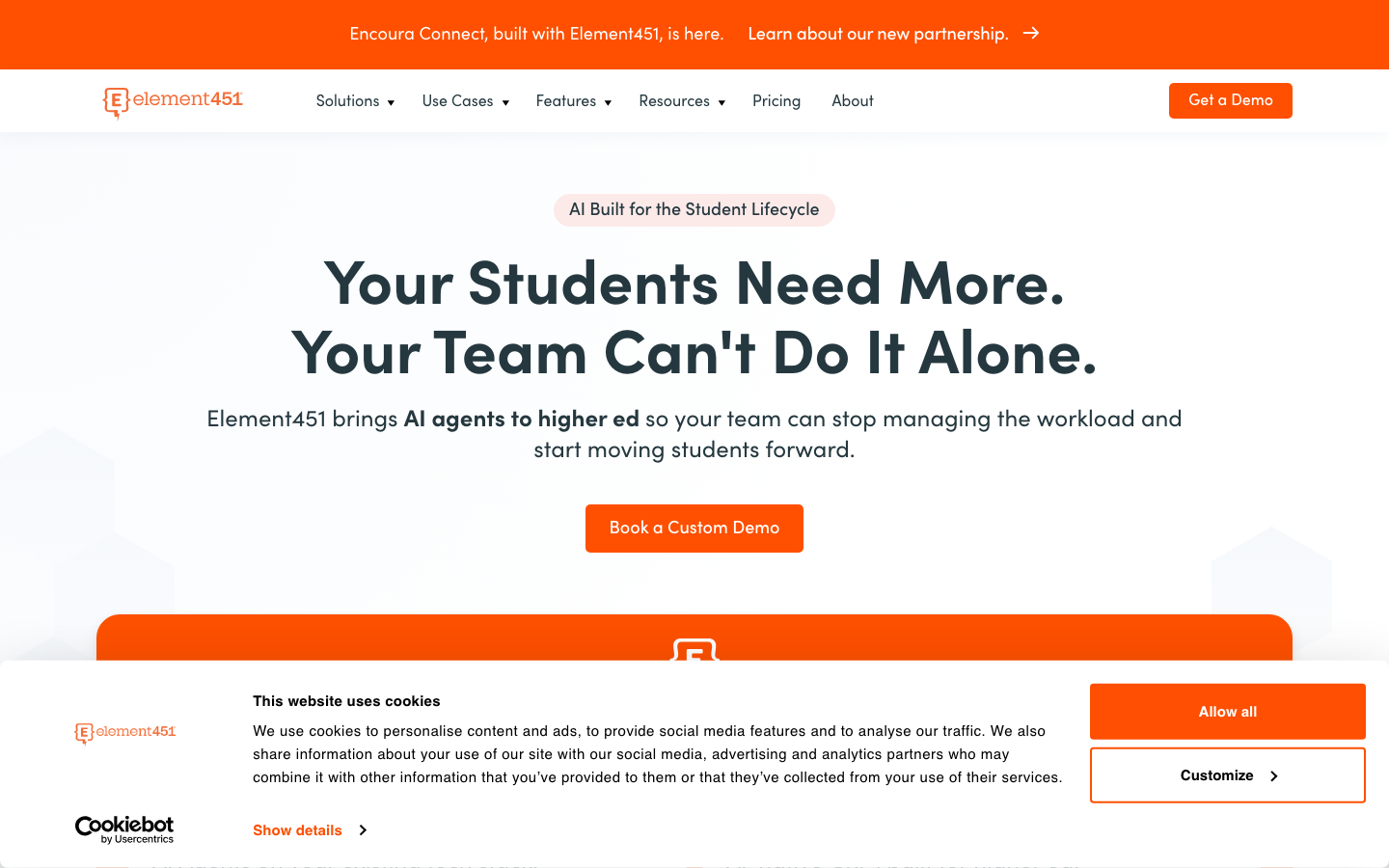 Element451 AI-powered higher education CRM homepage showing Bolt AI agents and enrollment management features