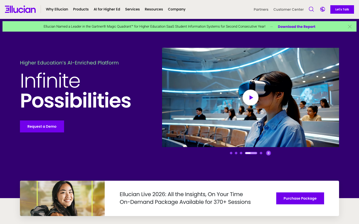 Ellucian higher education technology platform homepage showing Banner and CRM Recruit products