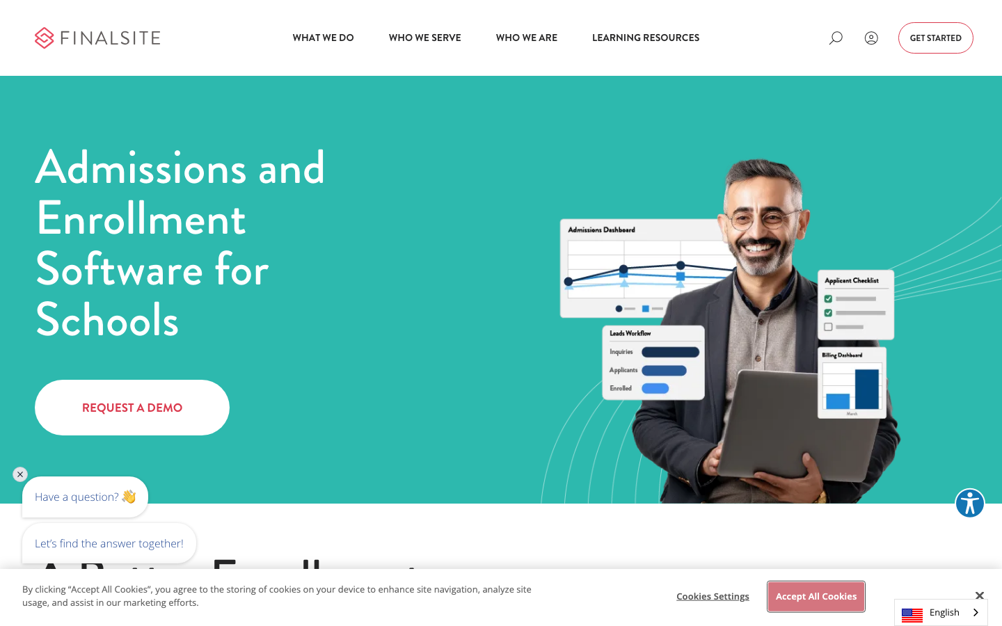Finalsite Enrollment admissions CRM homepage showing student application management and enrollment pipeline features
