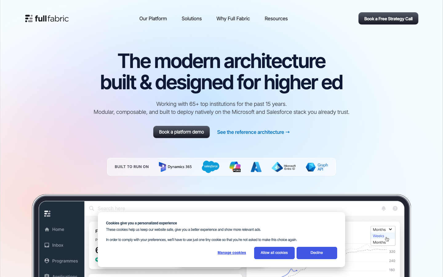 Full Fabric higher education CRM and SIS homepage showing admissions and student management platform