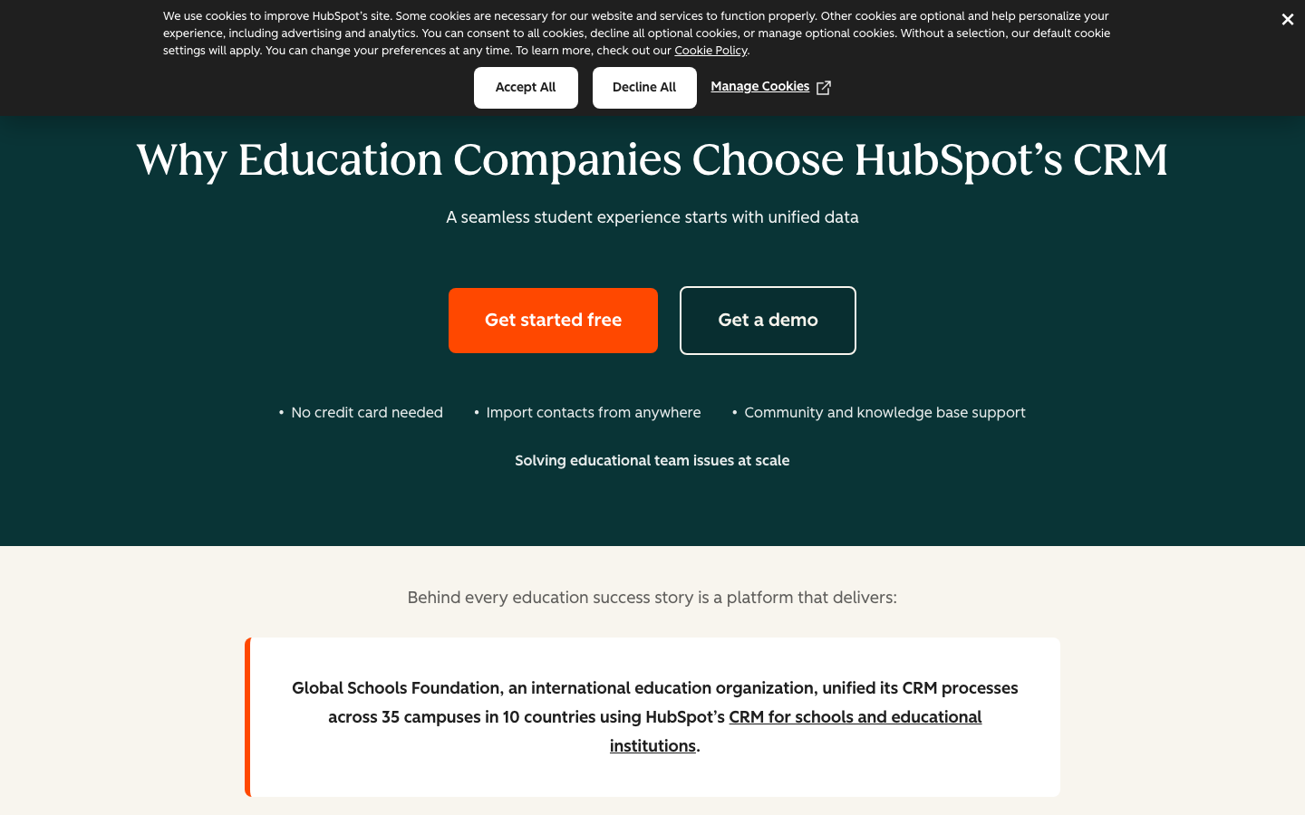 HubSpot CRM for education homepage showing enrollment funnel and admissions management use cases