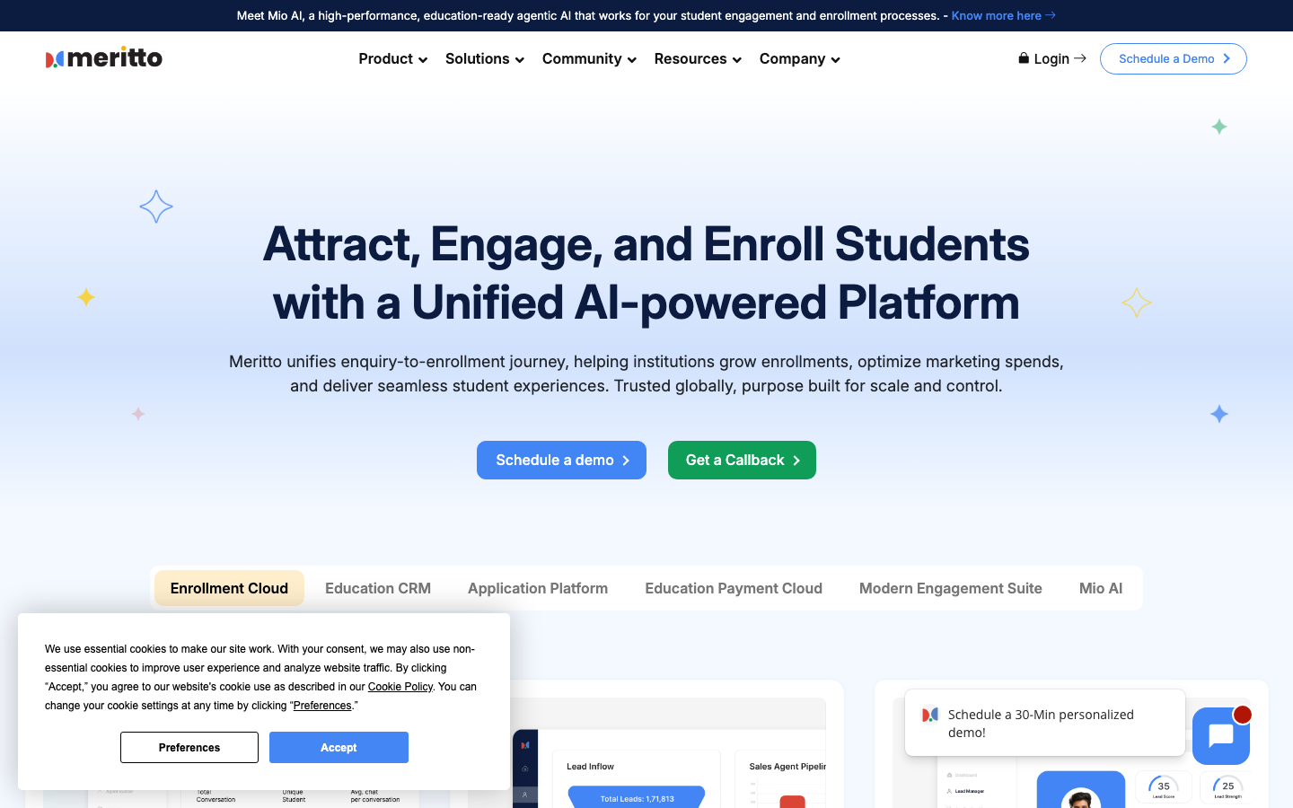 Meritto education CRM homepage showing enrollment management platform for educational institutions