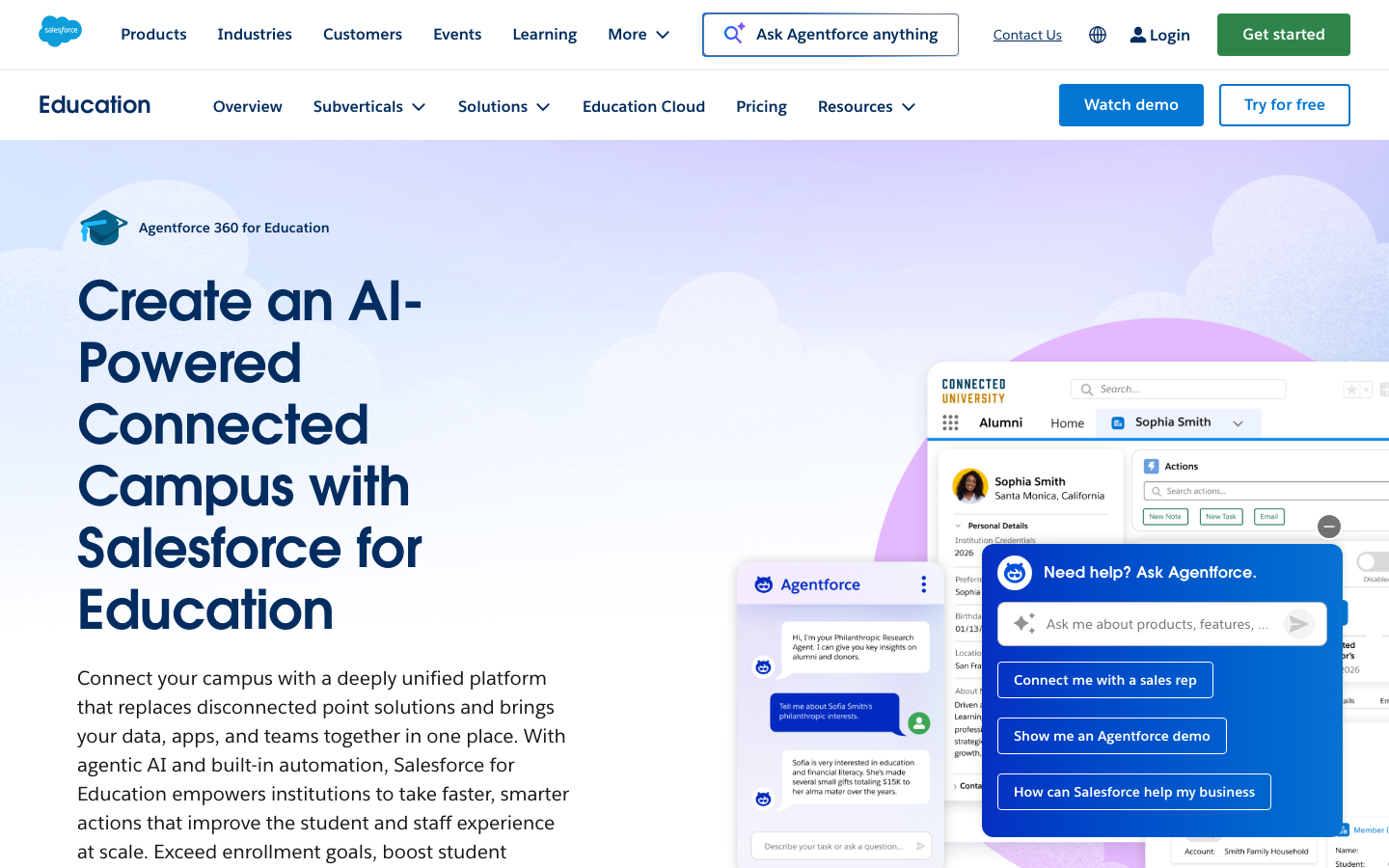 Salesforce Education Cloud homepage showing the student lifecycle management platform for higher education
