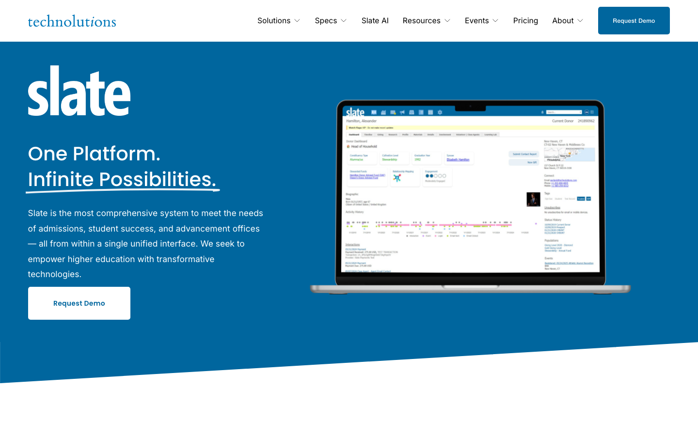 Slate by Technolutions admissions CRM homepage showing the platform tagline and enrollment management features
