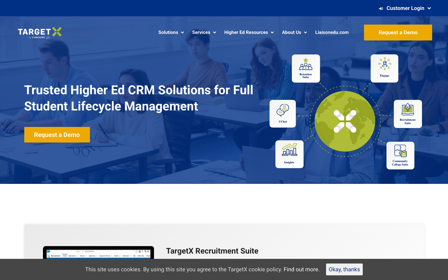 TargetX admissions CRM homepage showing Salesforce-native higher education recruitment platform