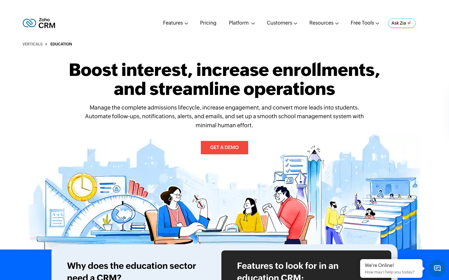 Zoho CRM education landing page showing student and admission management CRM use cases