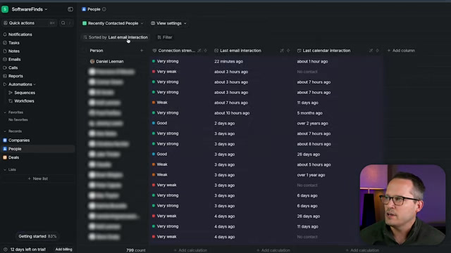 Attio people list sorted by last email interaction with a connection strength column