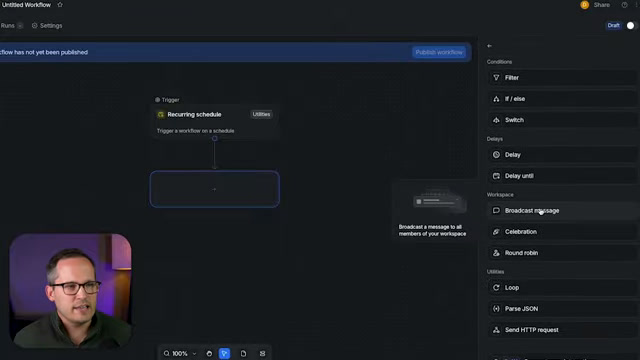 Attio workflow builder canvas with a recurring schedule trigger node