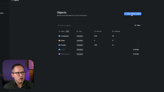Attio custom objects screen listing companies, deals, and people record counts
