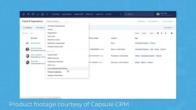 Capsule CRM People and Organizations list filtered by premium customers