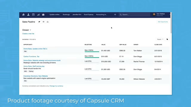 Capsule CRM sales pipeline board showing opportunity value and milestone