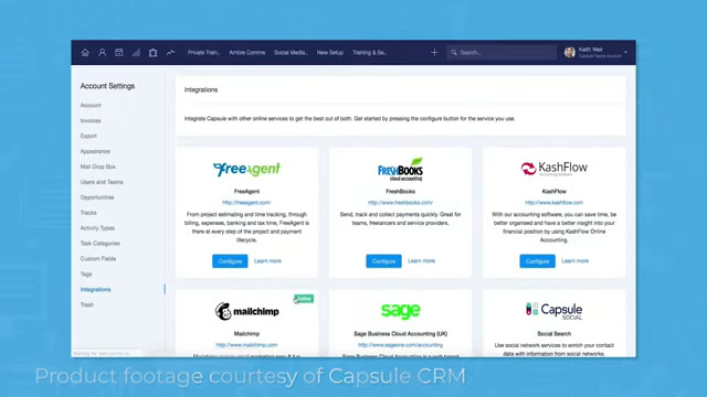 Capsule CRM integrations settings showing FreeAgent, Xero, and Mailchimp connections