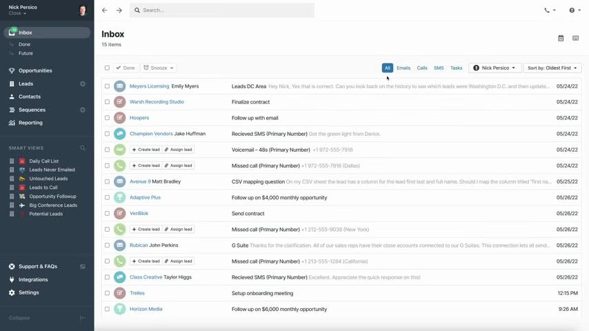 Close CRM inbox showing calls, emails, and SMS with lead sequence tags