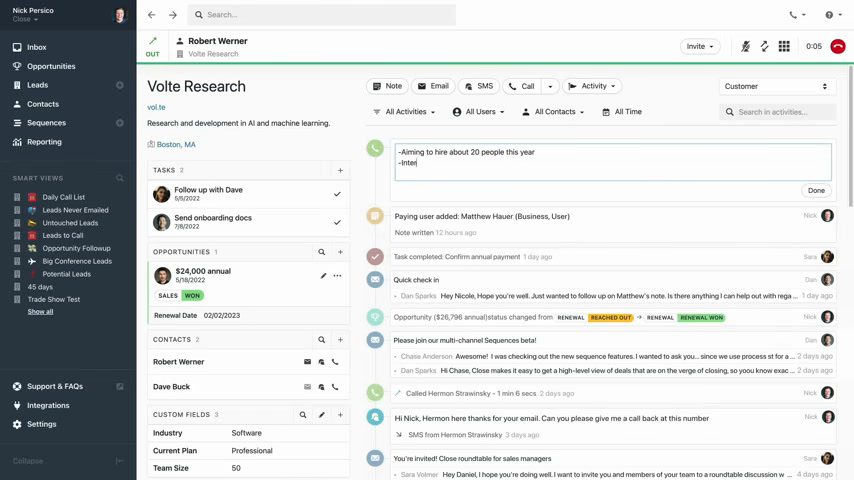 Close CRM contact detail view with tasks, opportunities, and organization fields