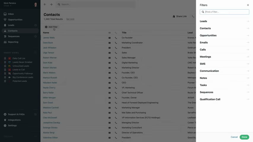 Close CRM contacts list with the filters panel open