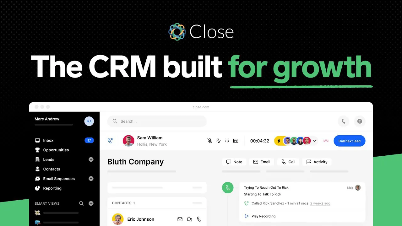 Close CRM workspace showing lead inbox, call activity, and pipeline view