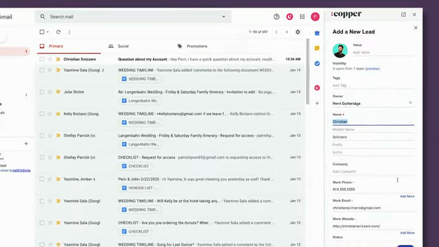 Copper CRM lead panel open inside a Gmail inbox showing contact and deal fields