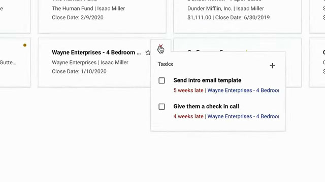 Copper CRM opportunity detail page with an open tasks panel