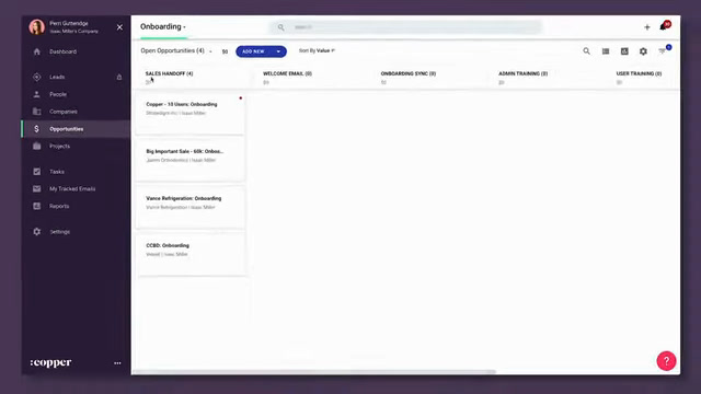 Copper CRM onboarding sequence template list for new customer handoff