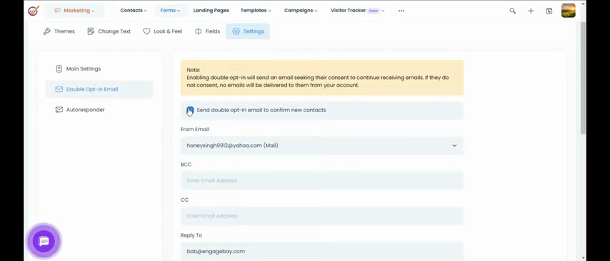 EngageBay marketing settings page with double opt-in email configuration