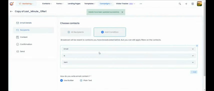 EngageBay broadcast email setup showing recipient selection and conditions