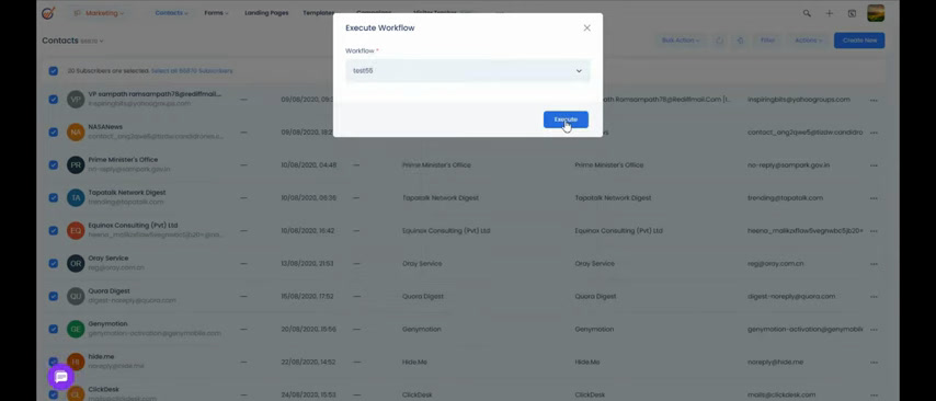 EngageBay execute workflow modal for running a marketing automation