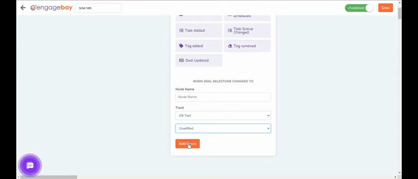 EngageBay contacts list with an open workflow automation canvas