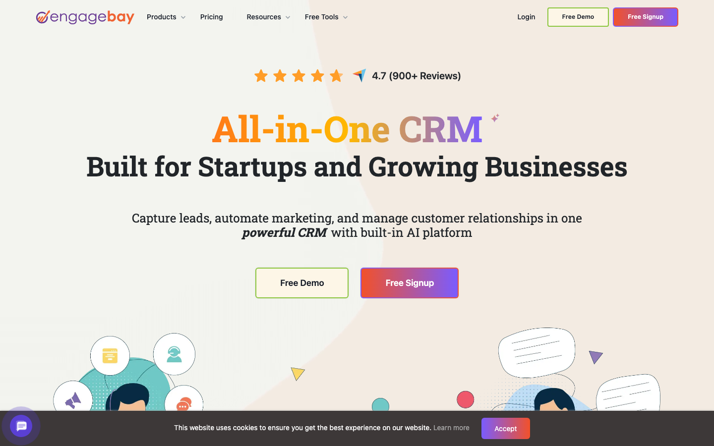 EngageBay CRM and marketing dashboard showing contacts, deals, and email automation