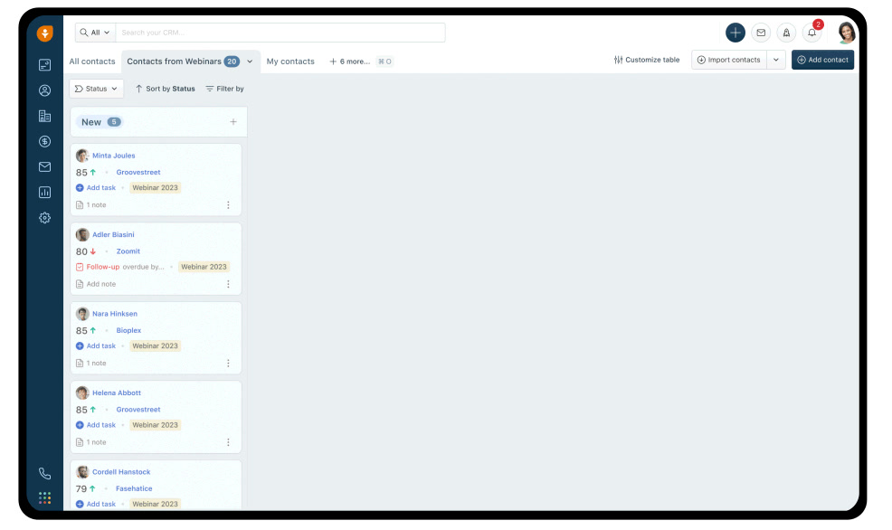 Freshsales contacts list filtered by contacts from webinars with a lead score column