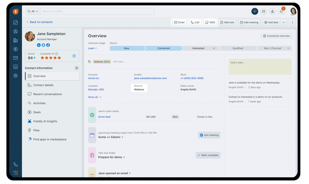 Freshsales contact overview panel with lifecycle stage, deals, and Freddy AI insights tabs