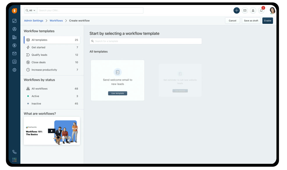 Freshsales workflow template picker for lead and deal automation